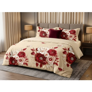 Pościel160x200 czerwone kwiaty z prześcieradłem – komplet premium 4cz PK816